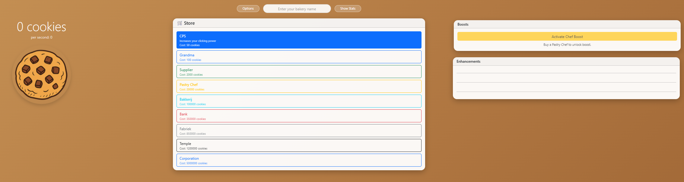 Cookies Clicker game interface showing the store, boosts, and cookie counter